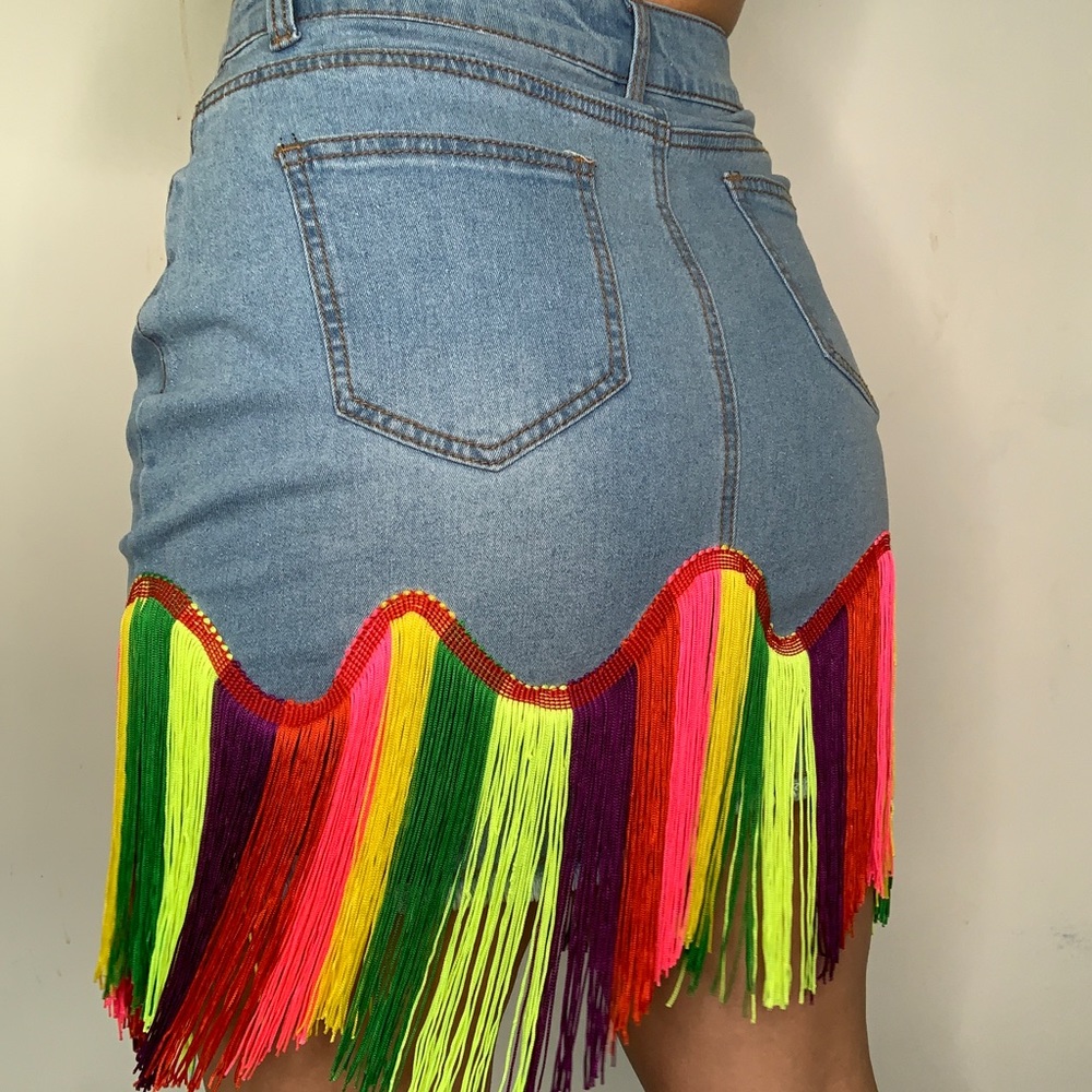 HotGirlSummer Denim Skirt Rainbow Fringe